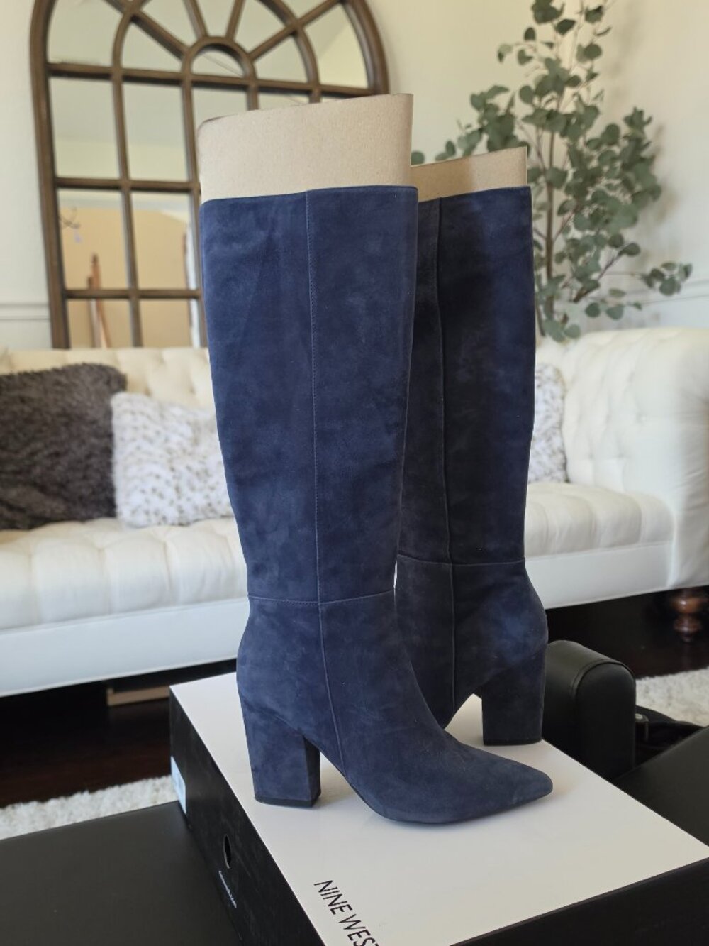 Nine West Gabal Tall Boots Dark Blue Suede Block Heel Women's 7.5 w/ orig box